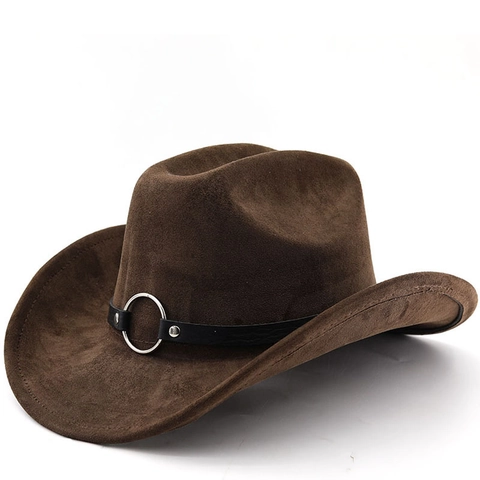Chapeau De Cowboy Occidental Suédine Bord Large Incurvé Style Ethnique Vintage Chapeau De Chevalier Ceinture Décor Anneau Métal Unisexe