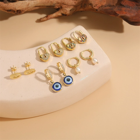 Pendientes de Cobre Chapados en Oro de 14K Con Ojo del Mal y Corazón Candado Circonia Perlas de Agua Dulce Joyería Mujer