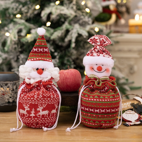 Christmas Gift Bags Knitted Plush Drawstring Candy Apple Pouch Holiday Party Decor Santa Snowman Reindeer Bear