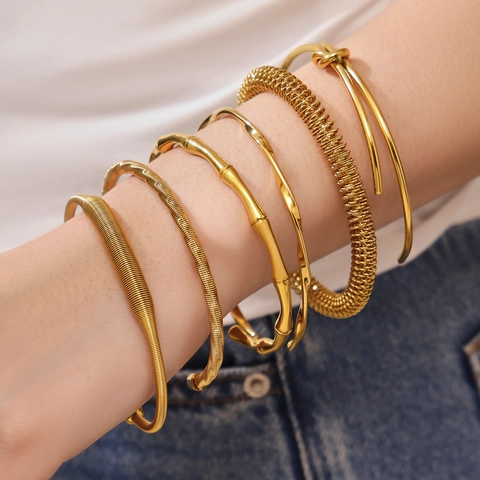 Stainless Steel Open Cuff Bangle Bracelet For Women 18K Gold Plated Bamboo Knot Twisted Spring Mesh Texture Design Fashion