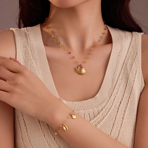 Ocean Theme Jewelry Necklace And Bracelet 18K Gold Plated Stainless Steel Colorful Crushed Stone Shell Starfish For Women