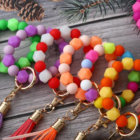 Luminous Silicone Beaded Wristlet Keychain Halloween Night Light Bracelet Key Ring with PU Tassel Gold Clasp for Women