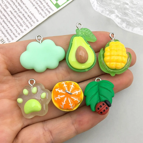 Harz Obst Tier Anhänger Mit Legierung Ring Für DIY Schmuckherstellung Simulation Avocado Pilz Blume Wolke Katzenpfote