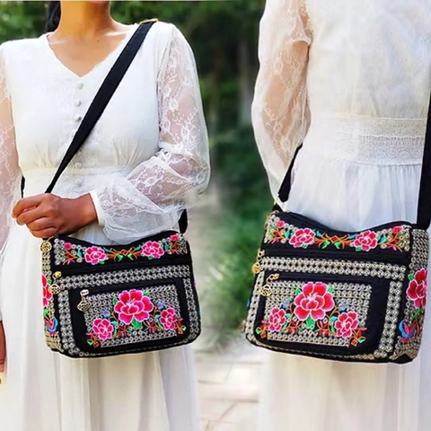 Ethnic Embroidered Crossbody Bag For Women Canvas Large Capacity Multi Layer Zipper Floral Bohemian Vintage Shoulder Bag