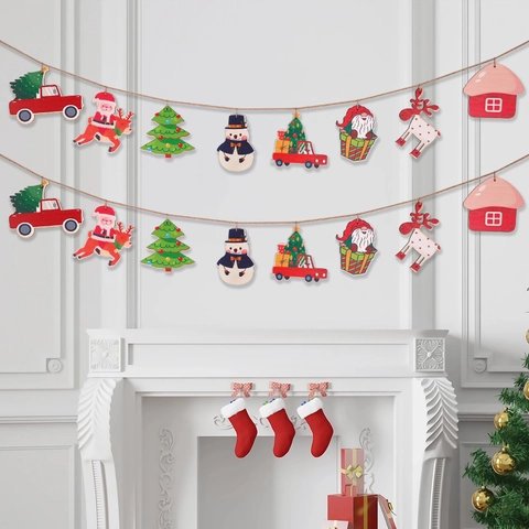 Christmas Wooden Banner Hanging Decoration Wood Santa Snowman Reindeer Tree Car DIY Garland Party Home Decor