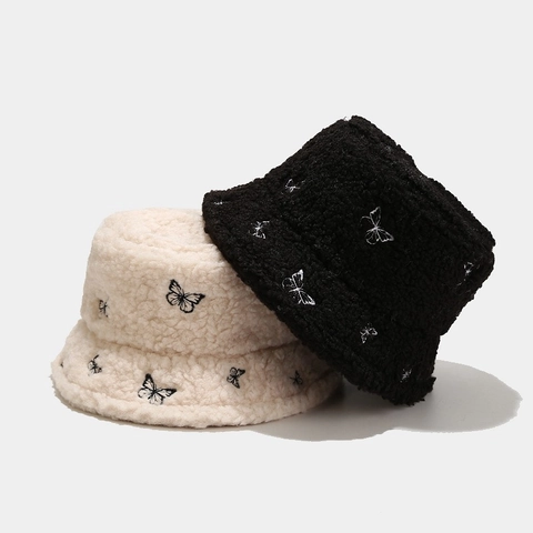 Damen Winter Warm Künstliche Lammwolle Fischerhut Süße Schmetterling Stickerei Plüsch Teddy-Fleece Basin Hut Faltbare Outdoor Sonnenkappe