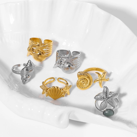 Anello Aperto in Acciaio Inossidabile a Tema Oceanico per Donna Placcato in Oro 18K Regolabile Strass Conchiglia Stella Marina Gioielli Moda