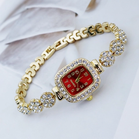 Luxury Square Rhinestone Women Quartz Watch Elegant Alloy Stainless Steel Link Bracelet Watch Flower Design Fashion Gold Dress Watch For Lady