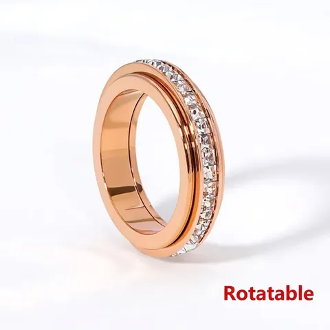 Drehbarer Spinner Ring Titanstahl 18K Vergoldet Einreihig Zirkonia Ewigkeit Band Mode Schmuck Für Damen
