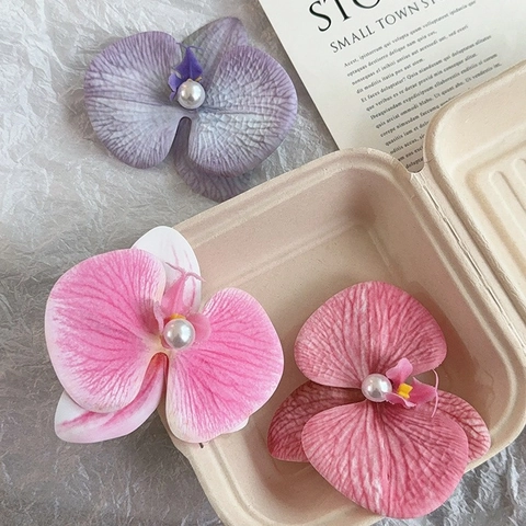 Korean Style Orchid Flower Hair Clip Fabric Floral Bangs Barrettes With Imitation Artificial Pearl Elegant Headpiece For Women
