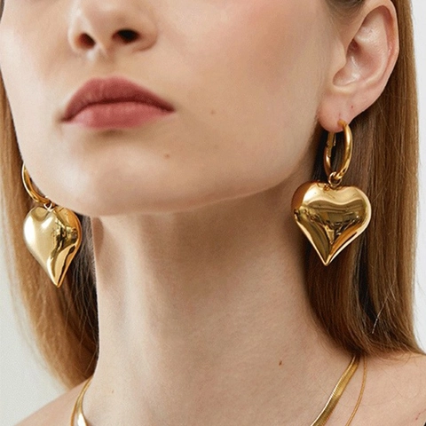 Orecchini a Cerchio con Cuore d'Oro Esagerato Stile Europeo Americano Orecchini a Goccia Cuore 3D Gioielli in Metallo Lucido per Donna