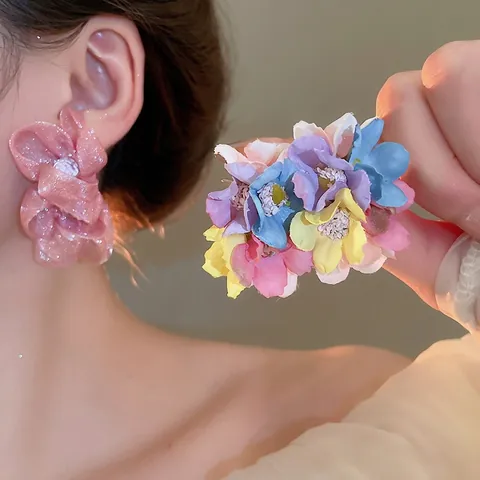 Handgefertigte Stoff Blumen Ohrstecker Mit 925 Sterling Silber Ohrring Stecker Mehrfarbiger Chiffon Floraler Schmuck