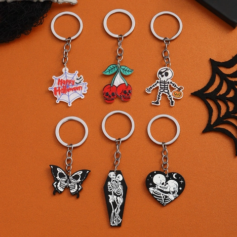 Halloween Gothic Scary Skull Skeleton Keychain Spider Web Heart Cherry Butterfly Coffin Pendant Bag Charm Accessory Party Gift