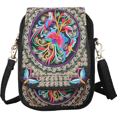 Ethnic Style Embroidered Canvas Crossbody Bag For Women Flower Pattern Mini Phone Purse Vintage Small Shoulder Handbag