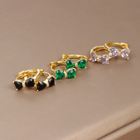 18K Gold Plated Copper Bowknot Huggie Hoop Earrings Exquisite Mini Rhinestone Inlaid Small Ear Studs For Women Daily Jewelry
