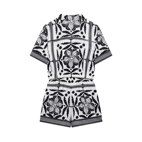 Damen Romper Schwarz Weiß Print Kurzarm Knopf Vorne Elastische Taille Casual Sommer Playsuit Mode Elegant
