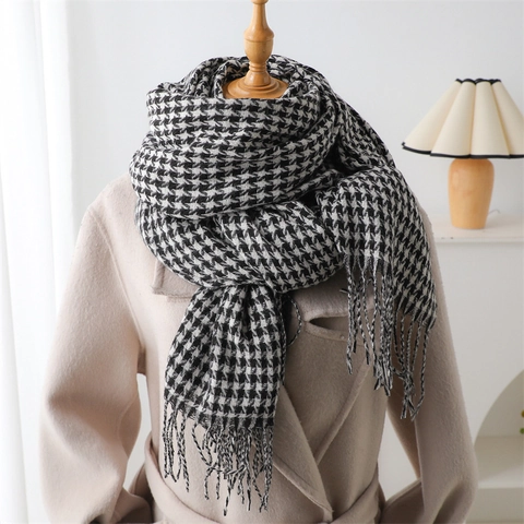 Winter Houndstooth Schal Stola Lang Dick Warm Quaste Vintage Nackenwärmer Weich Kaschmirimitat Für Damen