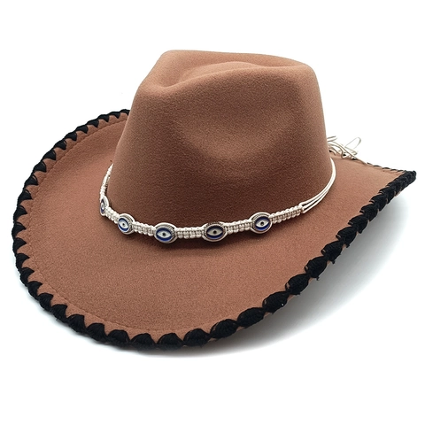 Western Cowboy Hat Wide Brim Cotton Polyester Ethnic Evil Eye Braided Band Bohemian Sunshade Performance Travel For Women