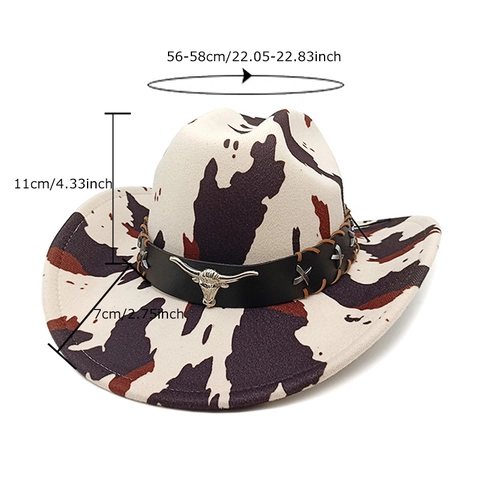 Cappello Da Cowboy Occidentale Tesa Larga Stampa Mucca Leopardo Decorazione Testa Di Toro Feltro Poliestere Unisex