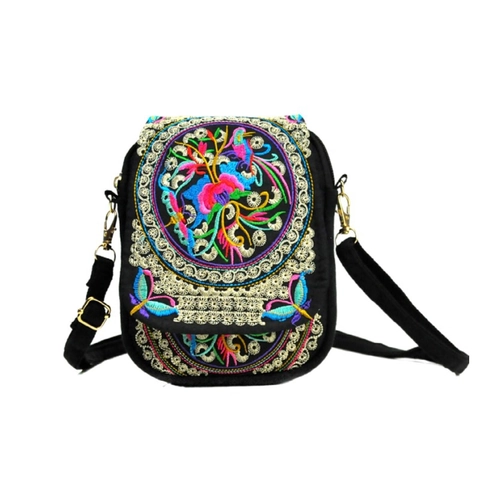 Damen Ethno Bestickte Canvas Umhängetasche Blumenmuster Mini Telefontasche Mit Drei Reißverschlusstaschen Alltagstasche