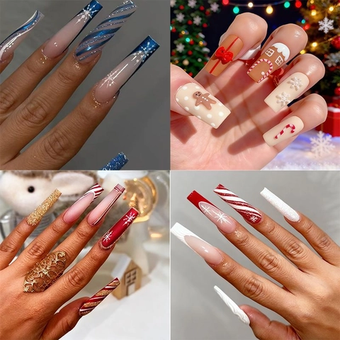 Christmas Press On Nails Long Square Coffin Fake Nails With Snowflake Reindeer Gingerbread Man Relief Patterns Fashion