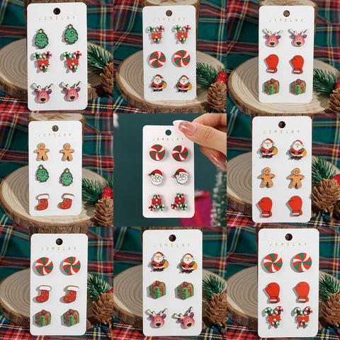 Christmas Wooden Stud Earrings Santa Claus Snowman Reindeer Gingerbread Man Holiday Jewelry With Stainless Steel Earring Post