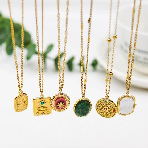 Collier Pendentif Vintage En Acier Inoxydable Pour Femmes Avec Pierre Naturelle Zircon Nacre Bijoux Style Rétro Français