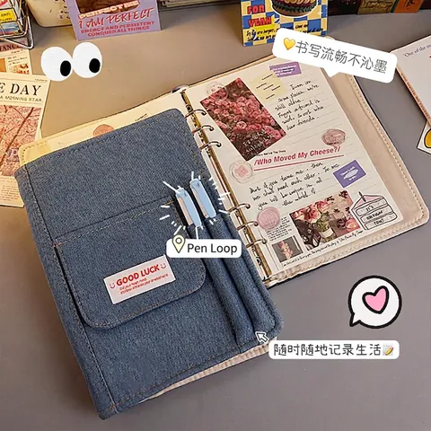 Vintage American Style Denim Journal Binder Notebook Refillable Cloth Cover With Functional Pocket And Pen Loop