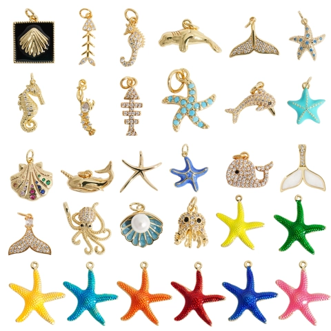 Ocean Series Pendants Charms Gold Plated Copper Enamel Zircon Marine Starfish Shell For DIY Jewelry Making Accessories
