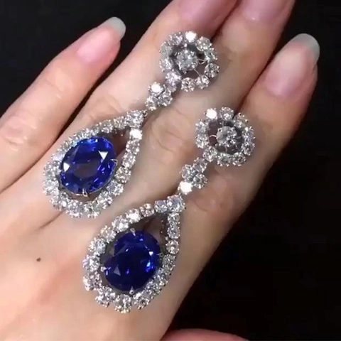 Water Drop Dangle Earrings Royal Blue Cubic Zirconia Copper Inlaid Shiny Elegant Jewelry For Women Anniversary