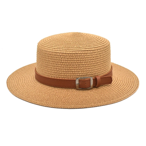Women Men Summer Straw Boater Hat Flat Top Jazz Fedora Beach Sun Hat With Leather Buckle Band Breathable Travel Outdoor Cap