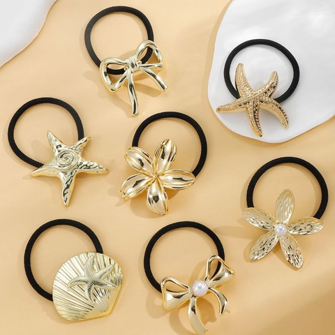 Elegant Metal Hair Ties Elastic Ponytail Holder Alloy Bow Flower Starfish Faux Artificial Pearl Commute Style For Women Girls