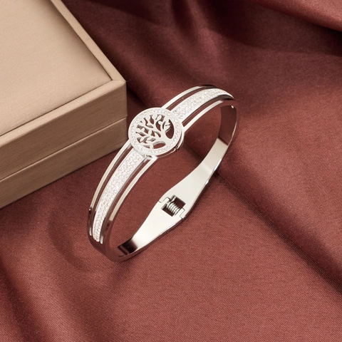 Tree Of Life Bangle Stainless Steel Hollow Out Rhinestone Inlaid Fashion Jewelry For Women Elegant Polished Cuff