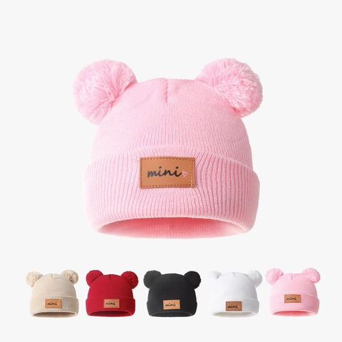 Bonnet En Tricot Pour Bébé Chaud Hiver Double Pompons En Fausse Fourrure Mignon Mini Patch En Cuir Pour Tout-Petit