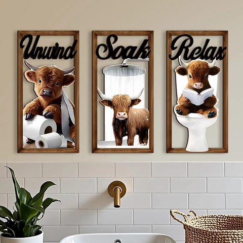 Highland Cow Bathroom Wall Decor Wooden Plaque Farmhouse Animal Art Unwind Soak Relax Signs