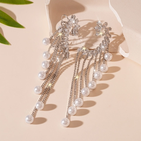 Pendientes De Clip De Borla Larga Cobre Circón Perla Artificial De Imitación Forma Hoja Flor Sin Perforación Elegante Mujer