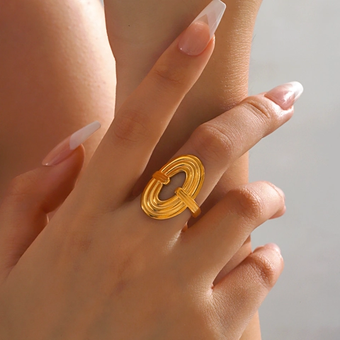 Anillo Ajustable Ovalado Geométrico de Acero Inoxidable Minimalista para Mujer Chapado en Oro de 18K Joyería de Moda