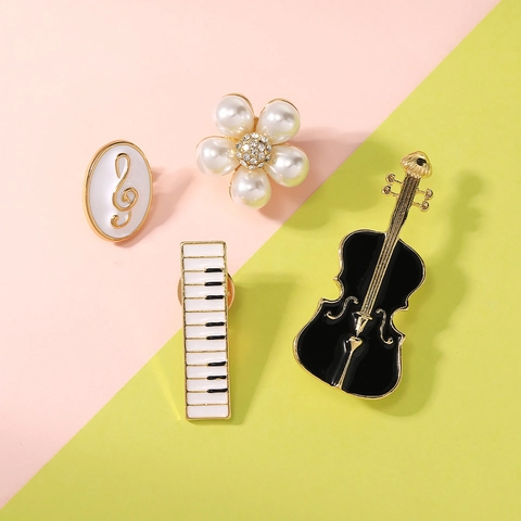 Cartoon Alloy Musical Note Brooch Set Rhinestone Artificial Pearl Guitar Piano Violin Enamel Lapel Pin For Unisex Costume Accessory