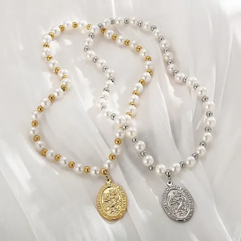 Saint Christopher Pendant Necklace Vintage Stainless Steel Religious Protection Jewelry With Imitation Artificial Pearl Beads
