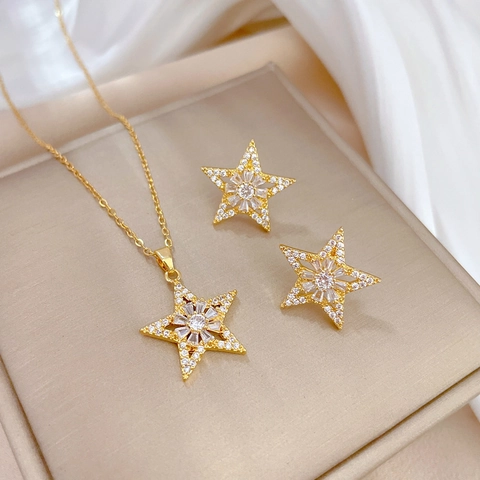 Luxury Star Necklace And Earrings Titanium Steel Copper Zircon Gold Plated With Silver Earring Post Elegant Jewelry