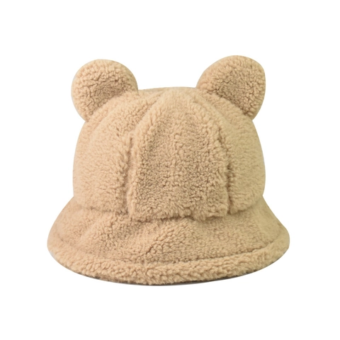 Sherpa Fleece Bucket Hat With Bear Ears Warm Winter Solid Color Thick Teddy Plush Fisherman Cap For Women Outdoor