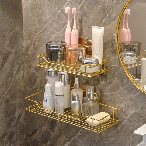 Gold Bathroom Storage Rack Wall Mounted Metal Shower Caddy Waterproof Rustproof Drill Free Organizer Modern Luxury
