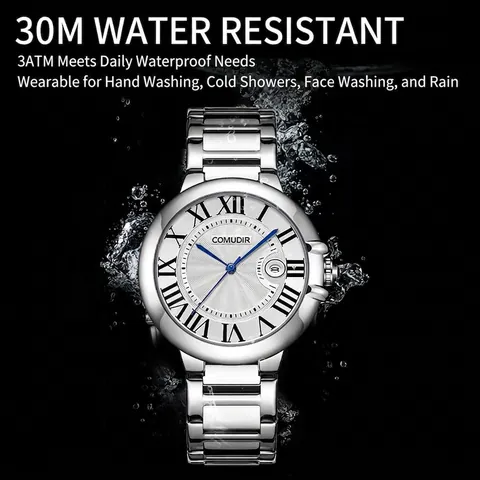 Business Men Watch Waterproof Luminous Calendar Blue Hands Roman Numerals Alloy Case Stainless Steel Strap Luxury Fashion