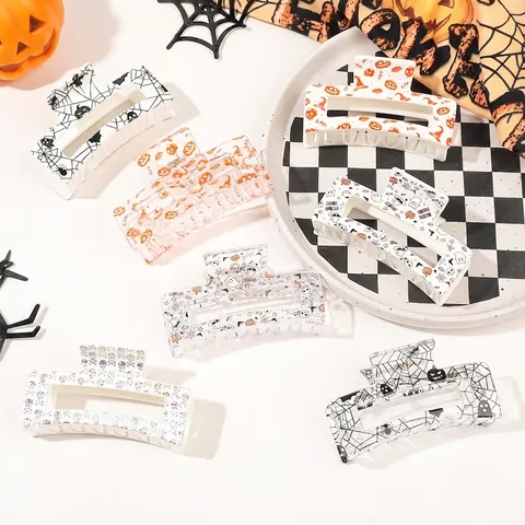 Halloween Hair Claw Clips Acrylic Square Strong Grip Printed Skull Ghost Pumpkin Spider Web Spooky Festive Hair Accessories