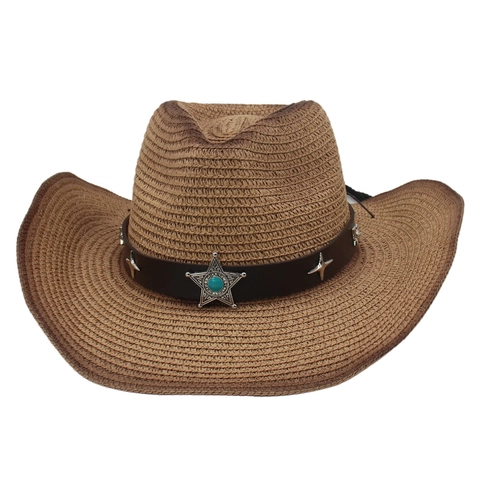 Western Cowboy Strohoed Gevlochten Brede Rand Zonbescherming Zomer Strand Retro Turquoise Ster Kunstlederen Band