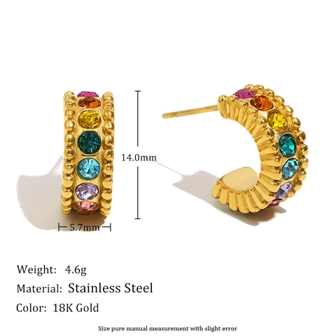 Pendientes De Botón En Forme De C Bañado En Oro De 18K Acero Inoxidable Circonita Arcoíris Moda Para Mujeres