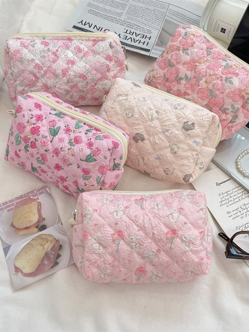 Quilted Makeup Bag Large Capacity Stationery Pouch Cartoon Animal Floral Print Cosmetic Organizer Travel Toiletry Bag