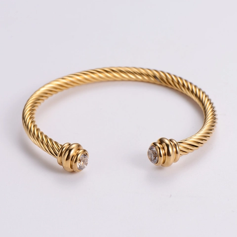 Gedrehter Kabeldraht Offener Armreif Edelstahl Strass Eingelegt Modeschmuck Damen Elegant Retro Armreif