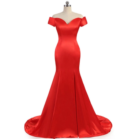 Off-The-Shoulder Satin Mermaid Evening Dress For Women Elegant Sweetheart Formal Wedding Party Gown With Train