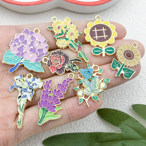 Charms Fiori Lega Di Zinco Smalto Pendenti Floreali Per Creazione Gioielli DIY Girasole Rosa Lavanda Accessori